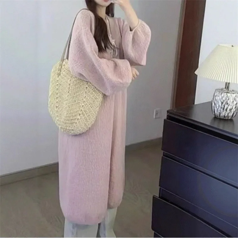 Women Knitted Cardigan Sweaters Mid Length Solid Jumpers Round Collar Puff Sleeves Loose Open Stitch Casual 2025 Autumn Winter