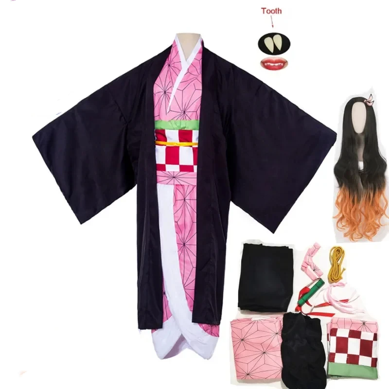 Kamado Nezuko Anime Cosplay Costume, Kimono, Kimetsu No Yaiba, Perruque, Uniforme, Hallween, Femmes, Enfants