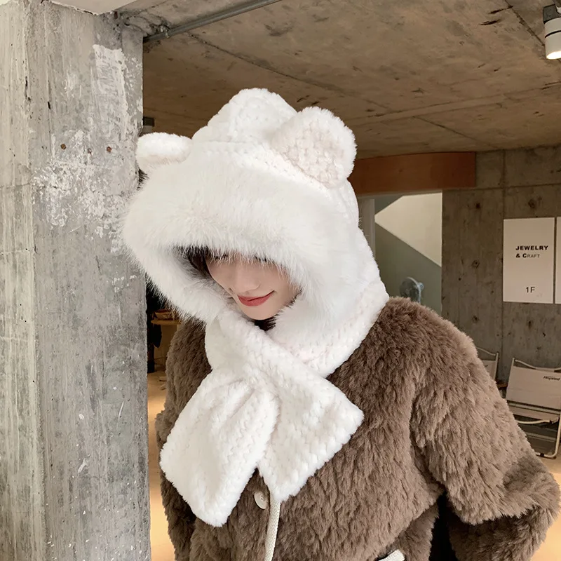 Sciarpa invernale calda da donna Cappello di protezione per le orecchie in peluche di pelliccia carina Sciarpe con cappuccio per berretto da sci all'aperto a prova di freddo femminile