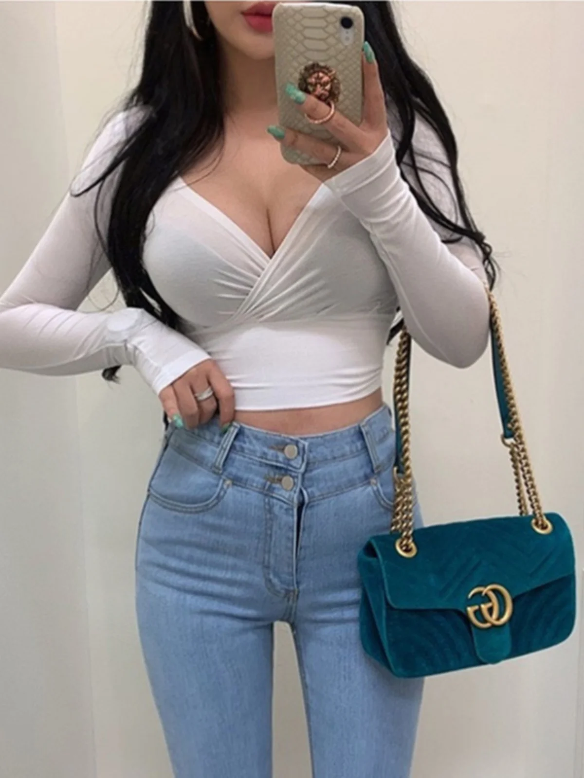 セクシーなディープ V ネックロングスリーブ T シャツ女性のスリムフィットオルトスレ綿ポリエステルブレンド春秋ハイウエストデザイントップ