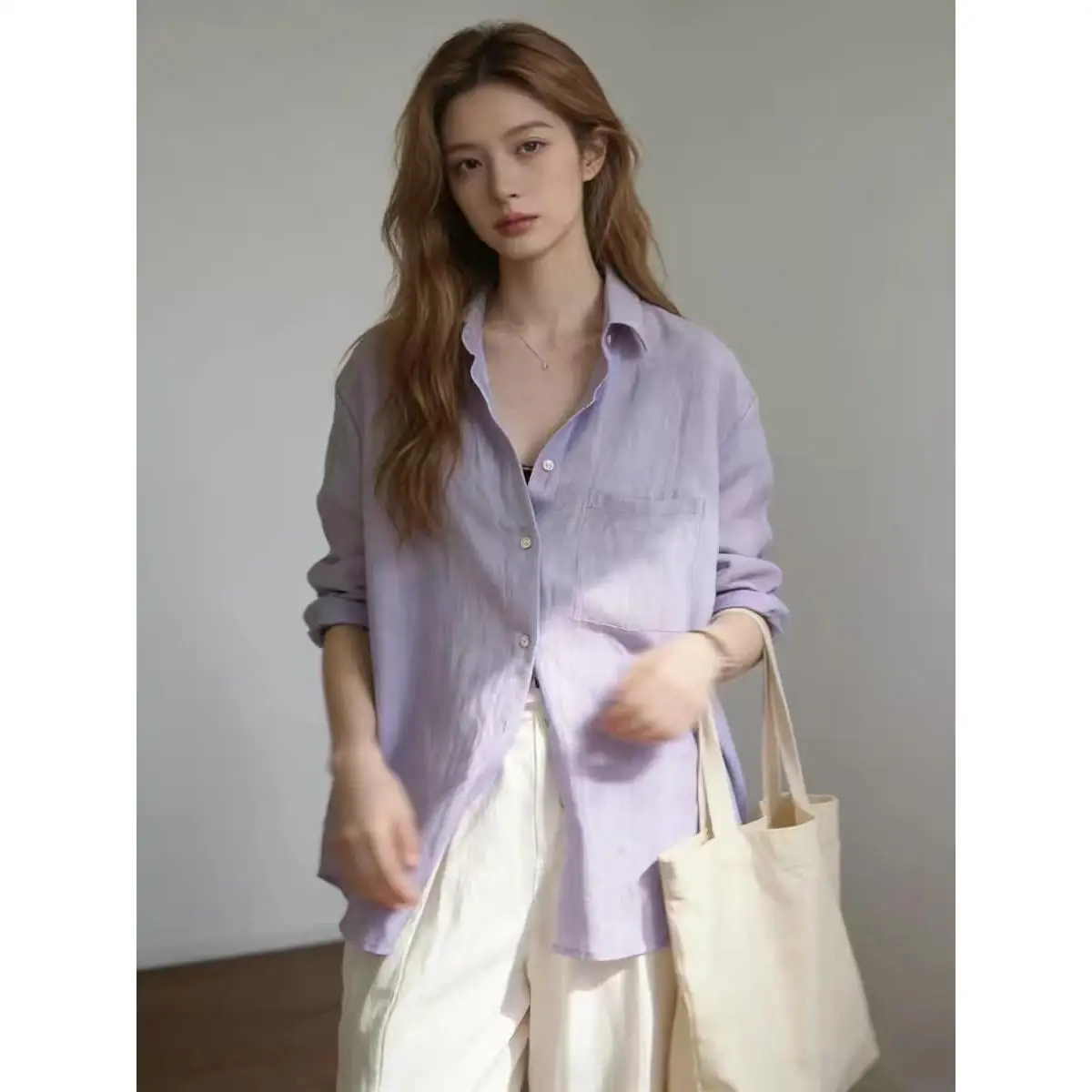 

Ladies' Loose Cotton Linen Long Sleeve Shirt Stylish Lazy Pale Purple Self-Preserving Style Super Beautiful Sunscreen Top