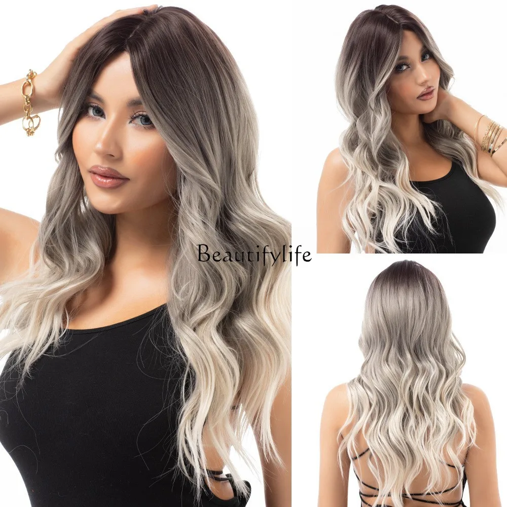 

24-Inch women's long brown multi-color wavy wig natural appearance gradual change curl heat resistance