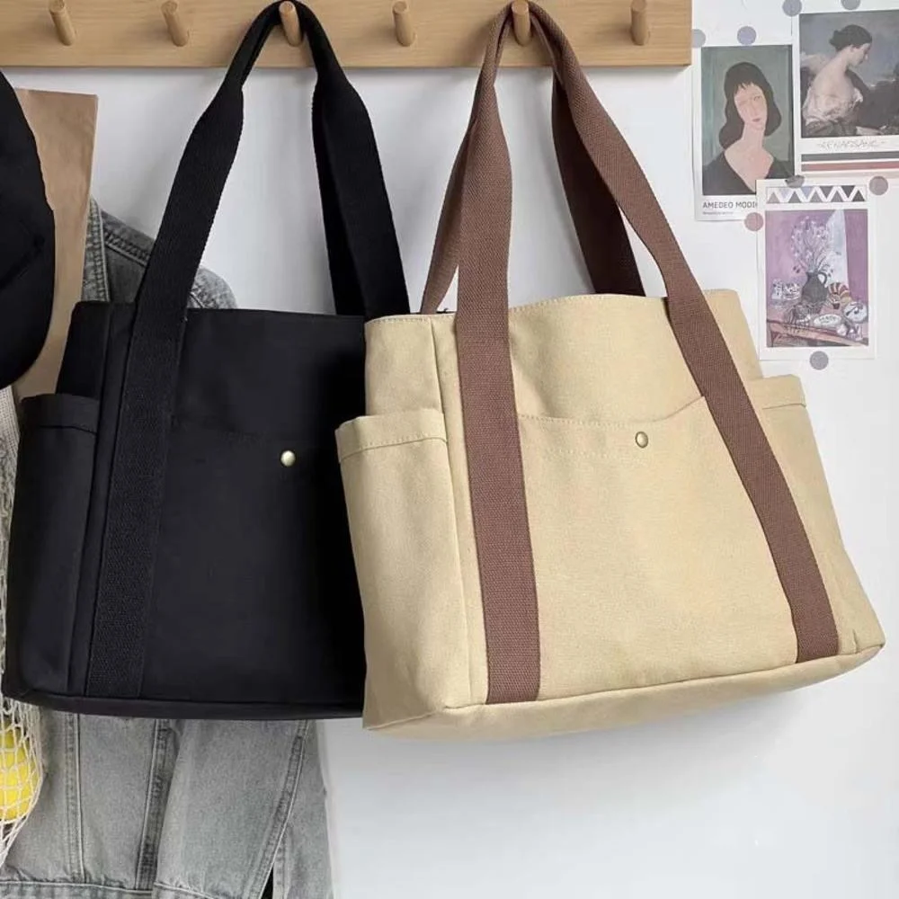 Solid Color Canvas Tote Bag Casual Versatile Handbag For Commuter Work Student Class Underarm Bag Women Portable Shopping Bag