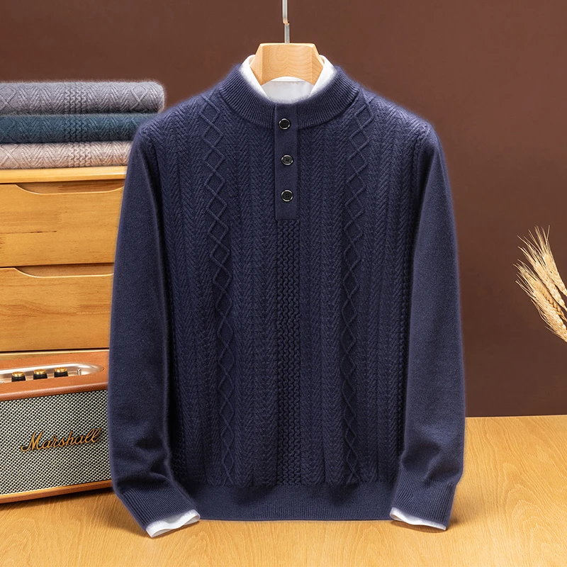 Men Long-Sleeved Pullover Knitted Shirt Autumn Luxury Diamond Pattern Anti-Pilling Round Neck Button Old Money Style Men's Tops