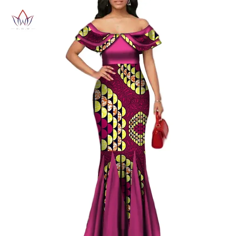 Fashion African Print Long Mermaid Dress for Women Bazin Rich Patchwork Peter Pan Colla Dresses African Design Clothing WY3272