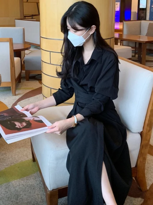 우아한 긴 소매 셔츠 드레스 여성용 크로스 타이 디자인 시크한 가을 드레스 출퇴근 스타일 순수 전자 상거래 판매 중국산