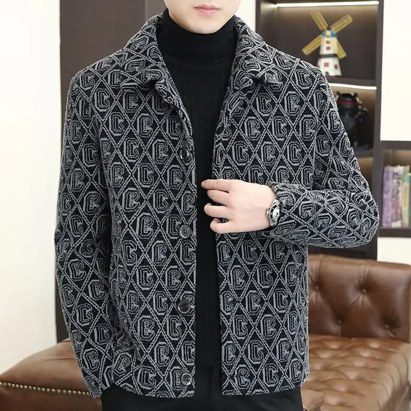 

2023 Autumn Winter Men's Letter Jacquard Woolen Jacket Thickened Warm Trench Coat Slim Lapel Casual Business Streetwear Overcoat