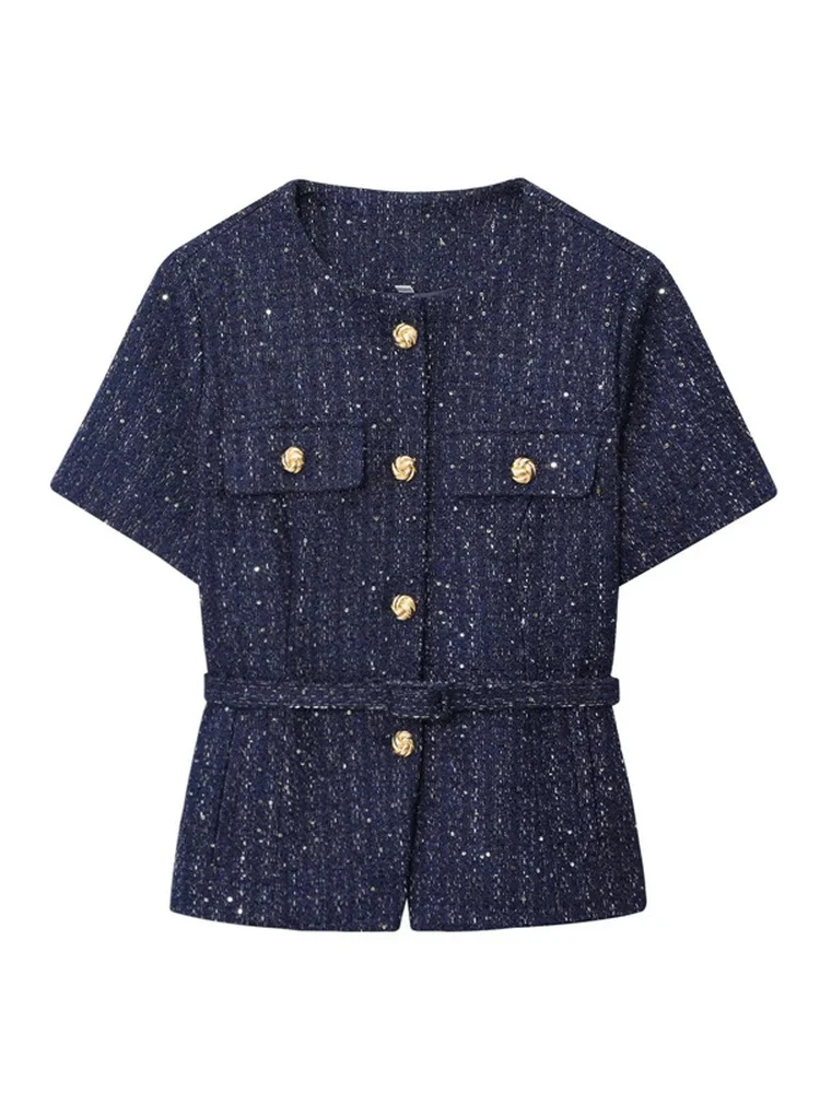 

Faionable ort Sve Jaet, женский приталенный топ с поясом, украшенный пайетками, универсальный топ, европейский цвет, круглый...