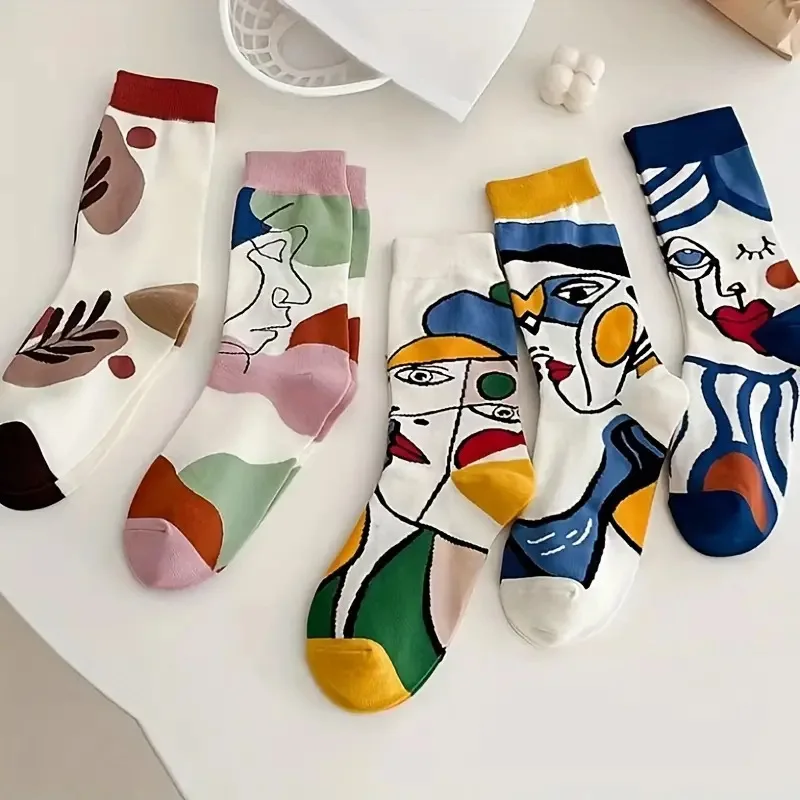5 Pairs Elegant Cartoon Graffiti Women Tube Socks Fashionable Oil Painting Art Printing Soft Comfortable Breathable Casual Socks image 3