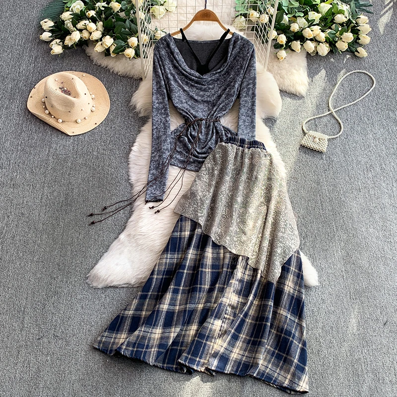 Spicy girl sexy patchwork swing collar hanging neck waist cincined T-shirt+lace patchwork plaid long skirt design sense set