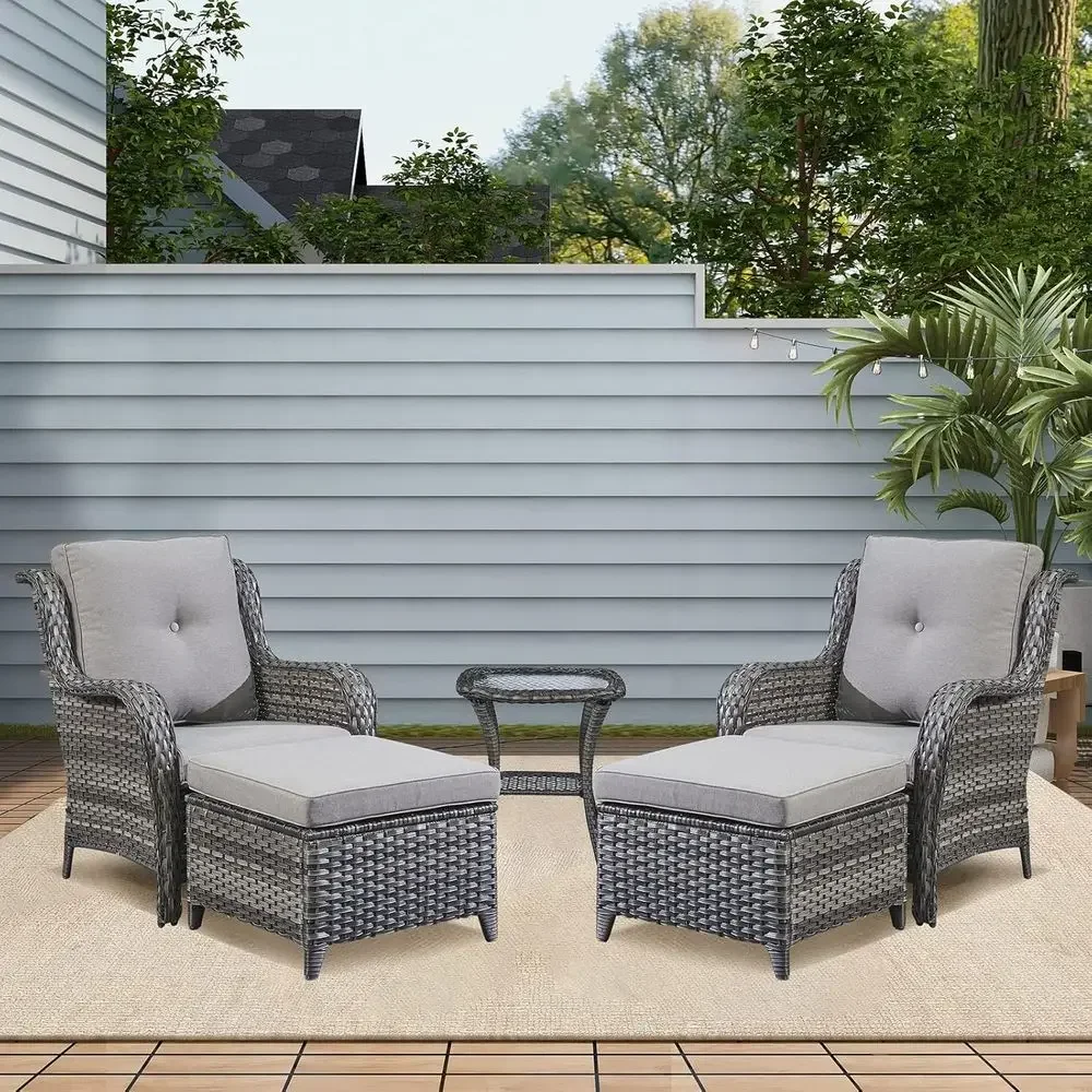 5-Piece Outdoor Wicker Sectional Set with 2 Chairs, 2 Ottomans, and 1 Side Table in Mixed Grey
