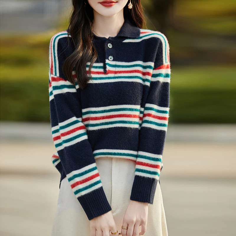 Spring and Autumn New 100% Pure Wool Sweater Women's POLO Collar Knitted Pullover Fashion Stripe Large Top Long Sleeve Shirt