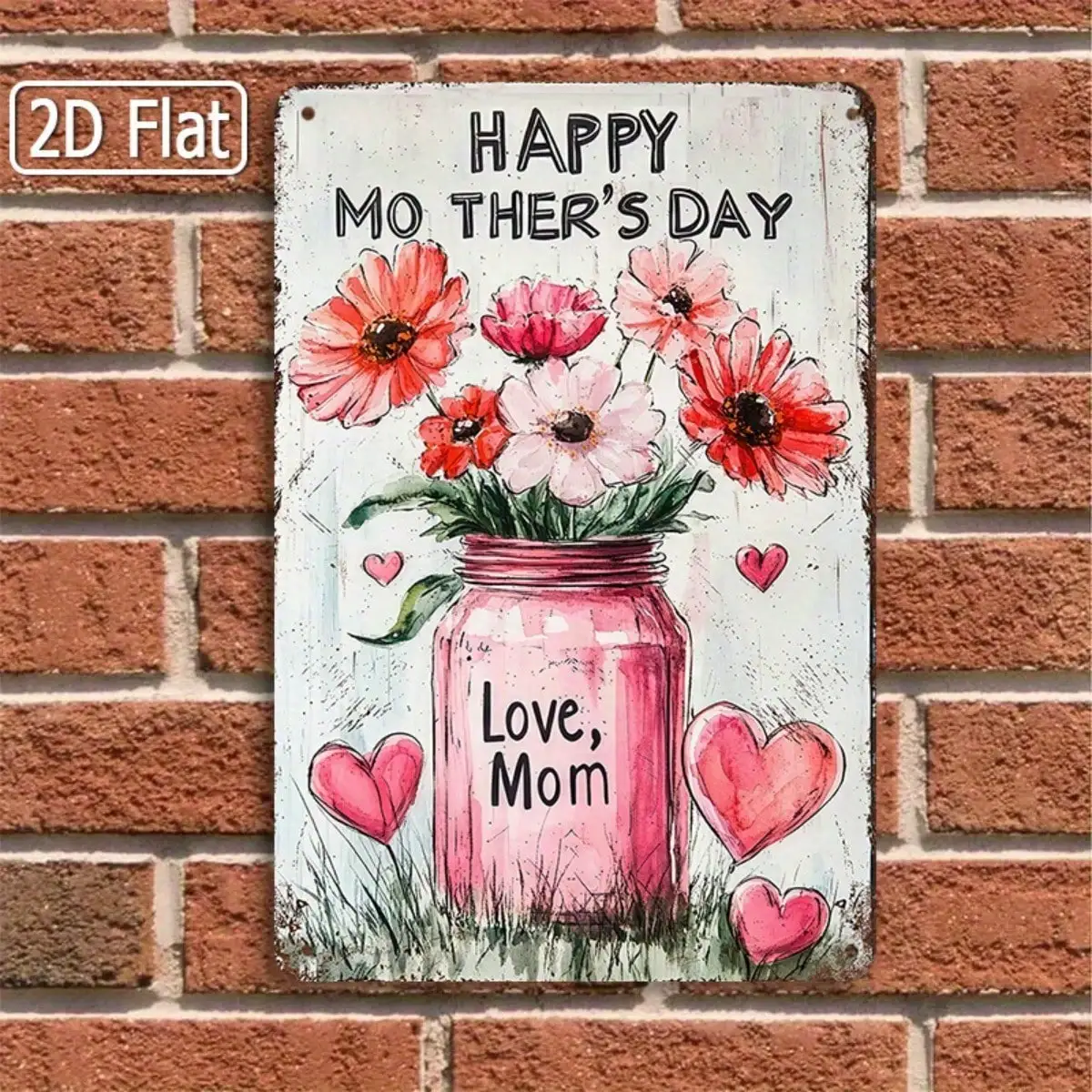 Letrero de estaño "Feliz Día de la Madre", flores rosas en tarro de albañil, decoración Floral para sala de estar/cocina, 8x12 pulgadas/20x30cm, 1 ud.