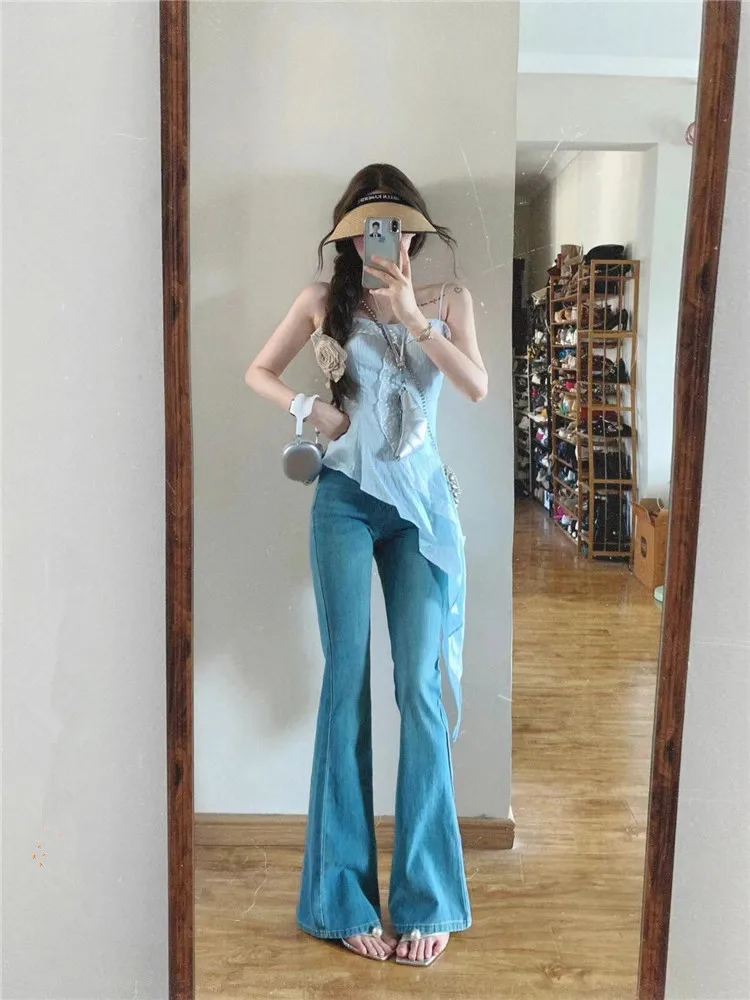 

American Retro High Waist Bell Bottom Jeans Women's Elastic Washed Spring Autumn Long Floor Length Pants Slimming Effect