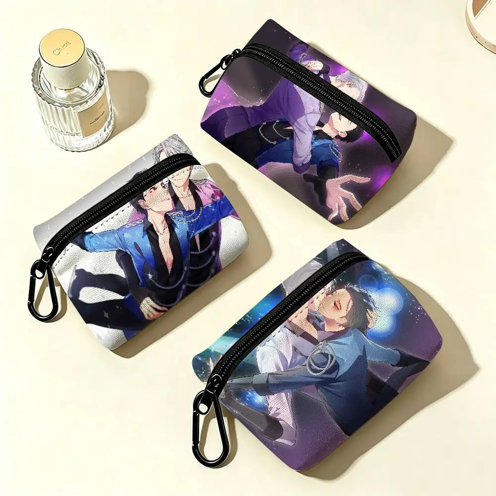 Anime Y-Yuri On lce Lightweight Oxford Fabric Coin Purse Carabiner Hook Design Mini Card Key Organizer Bag