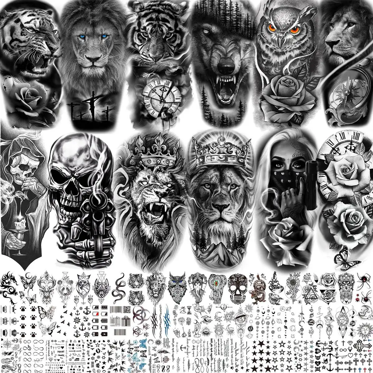 

69 Sheets 3D Tiger Lion Temporary Tattoos For Men Adults Forearm Arm Tattoo Sticker Fake Waterproof Wolf Skull Tatoos Body Art