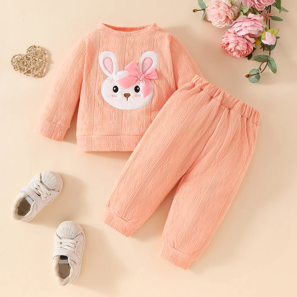 2-Piece Baby Girls 3-24M Autumn Outfits Cute Rabbit Embroidery Long Sleeve Tops T-Shirt+Pants Toddler Kids Sweatshirt Pantsuit