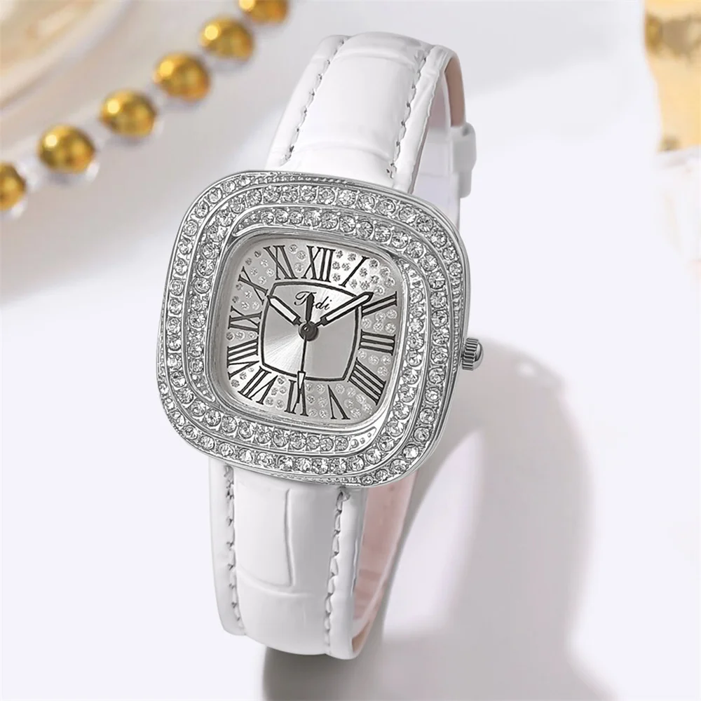 Luxury Ladies Silver Case Full Star Square Roman Design Quartz Watch Fashion White Leather Women\'s Dress Gift Clock Wristwatch