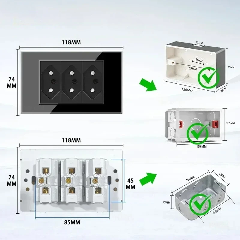 

Melery 4*2 Черное закаленное стекло Бразилия Стандартная розетка Двойная USB Тип C Настенная розетка Выключатель света 10A 20A Телевизор Tel CAT5&6