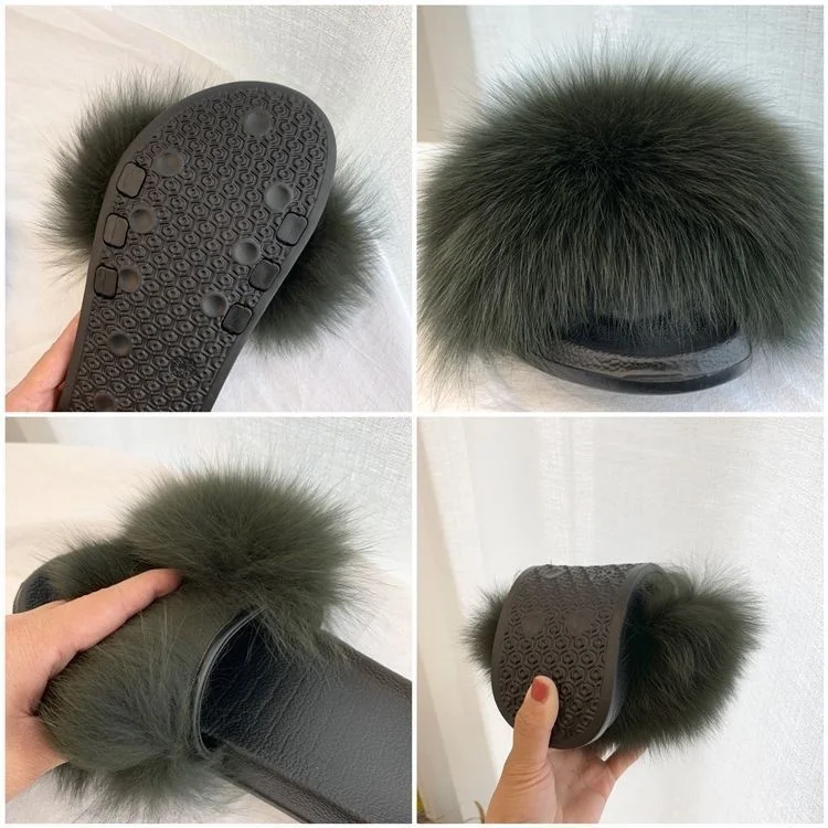 Fox Fur Slippers Luxury Designer House Shoes Fluffy Cute Home Plush Ladies Flip Flops Summer Outdoor Casual Fashion Flat Sandals