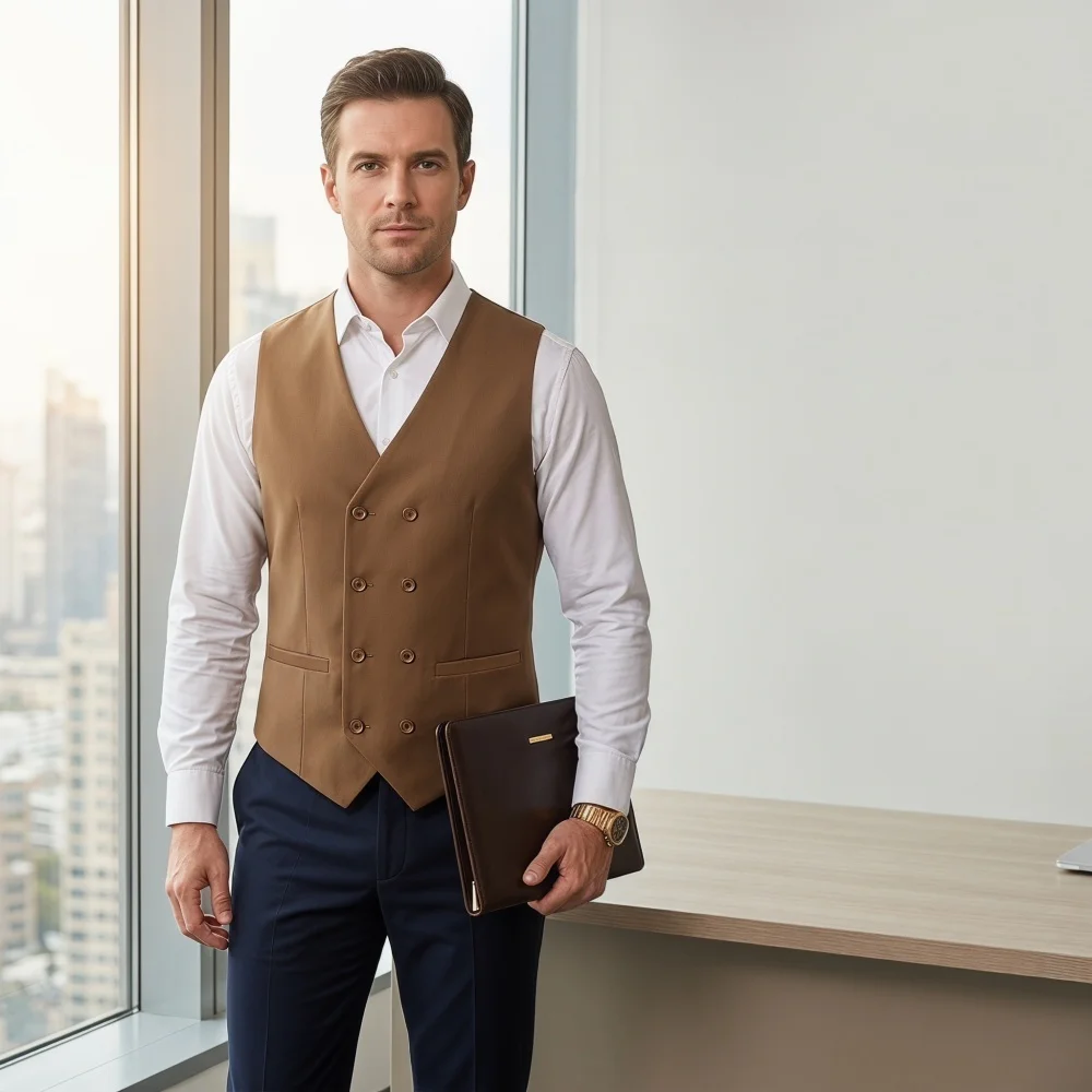 Classical V Neck Men's Waistcoat Double Breasted Real Pocket Business Men's Vest For Wedding