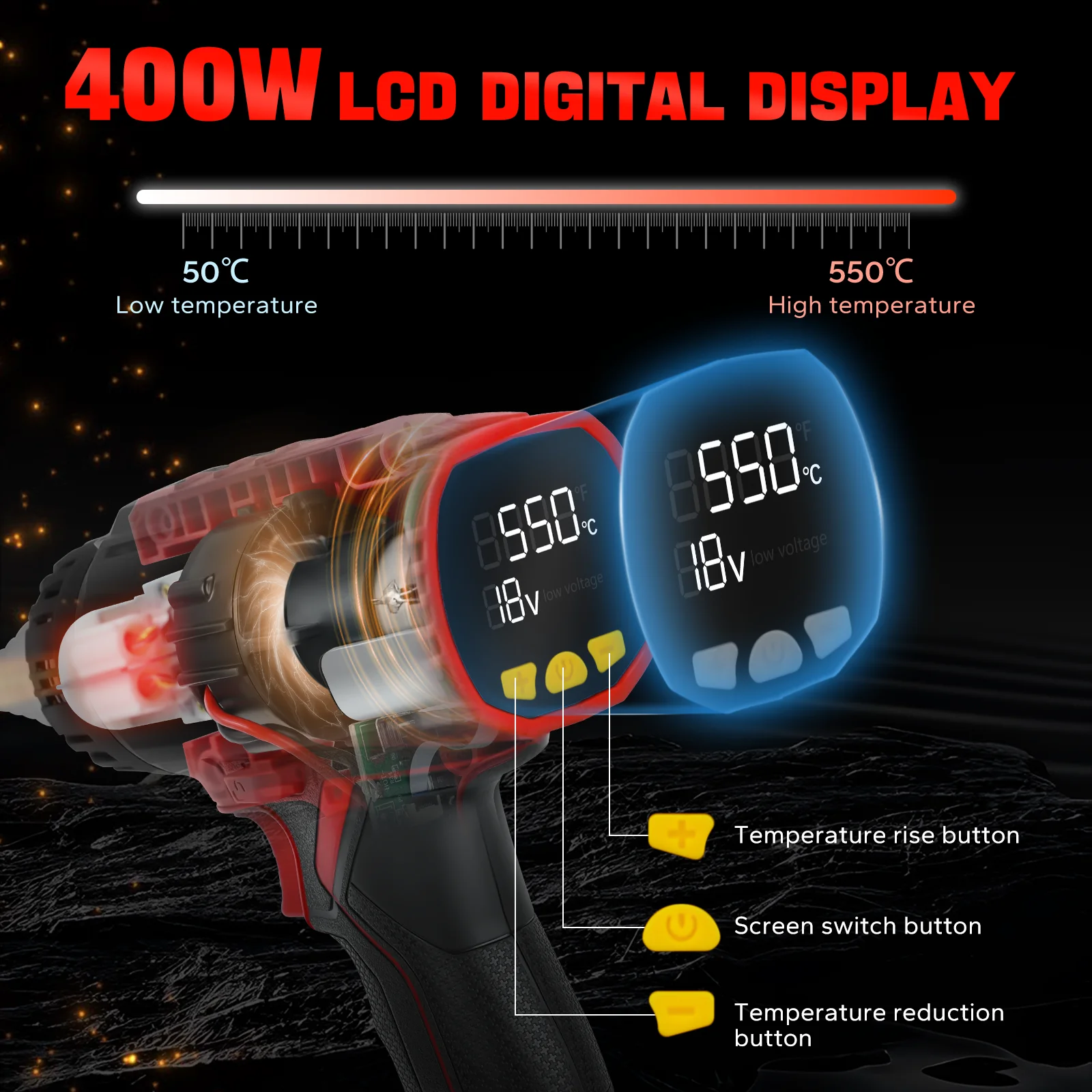 مسدس حراري لاسلكي 400 وات 50 ℃ -550 ℃   شاشة LCD رقمية تسخين سريع مسدس هواء ساخن حماية من الحمل الزائد لبطارية ميلووكي 18 فولت