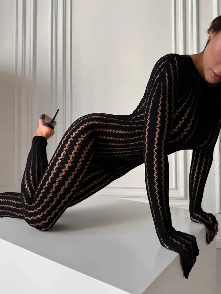 Women's Burgundy Sheer Lace Jumpsuit Long Sleeve Bodycon One Piece Romper Openwork Pattern for Party Club Evening Wear view 6