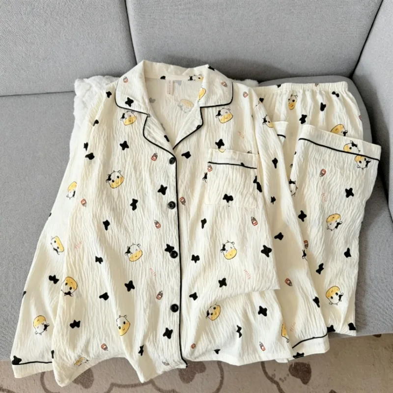 Cute Print Pattern Pajama Set Lapel Collar Button Autumn Cartoon Homewear Long Sleeve 2‑Piece Ladies Casual Sleepwear Loungewear