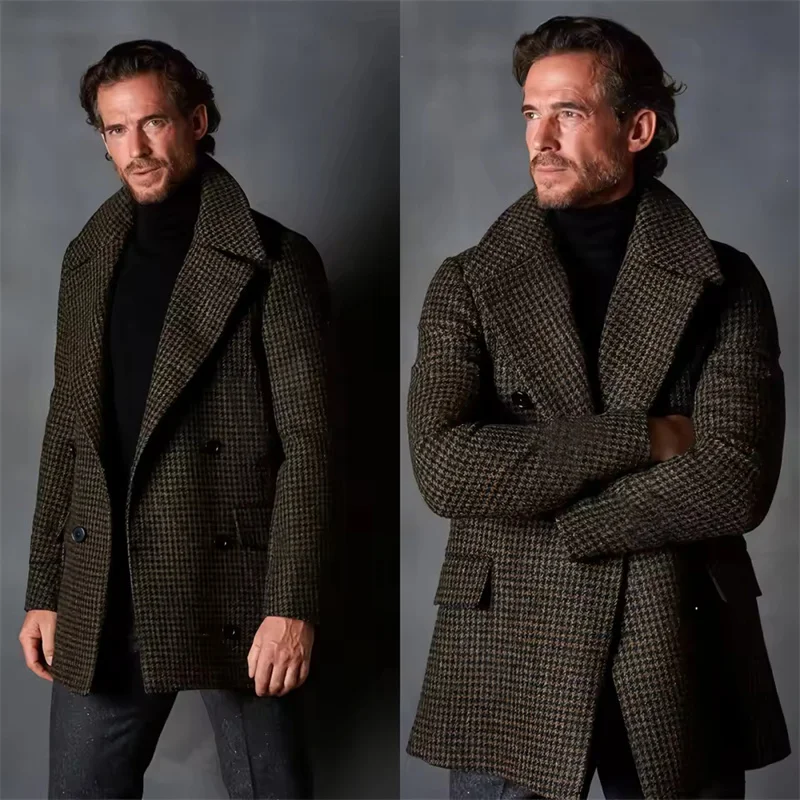 

2026 New British Luxury Man Jacket Vintage Houndstooth Men's Jackets Double-Breasted Large Lapels Elegant Blazer Coat Winter