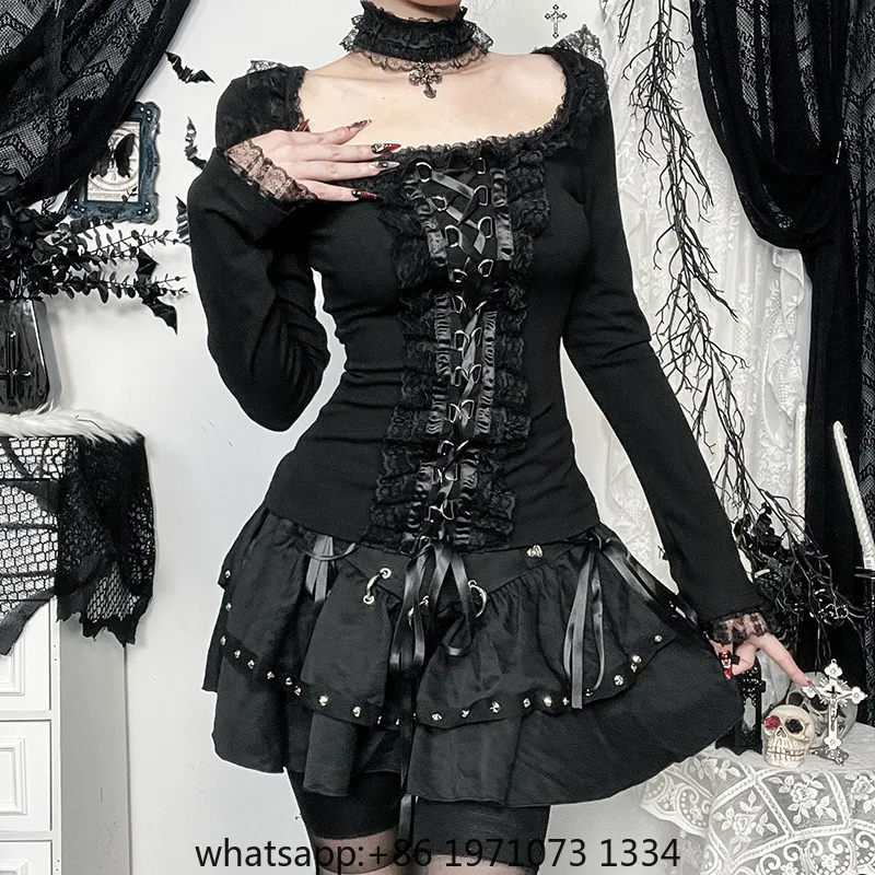 Goth Dark Elegant Fashion Lace Side Patchwork Long Sleeve Tops T-shirts Mall Gothic Bandage Blouse Slim T-shirt Women Techwear
