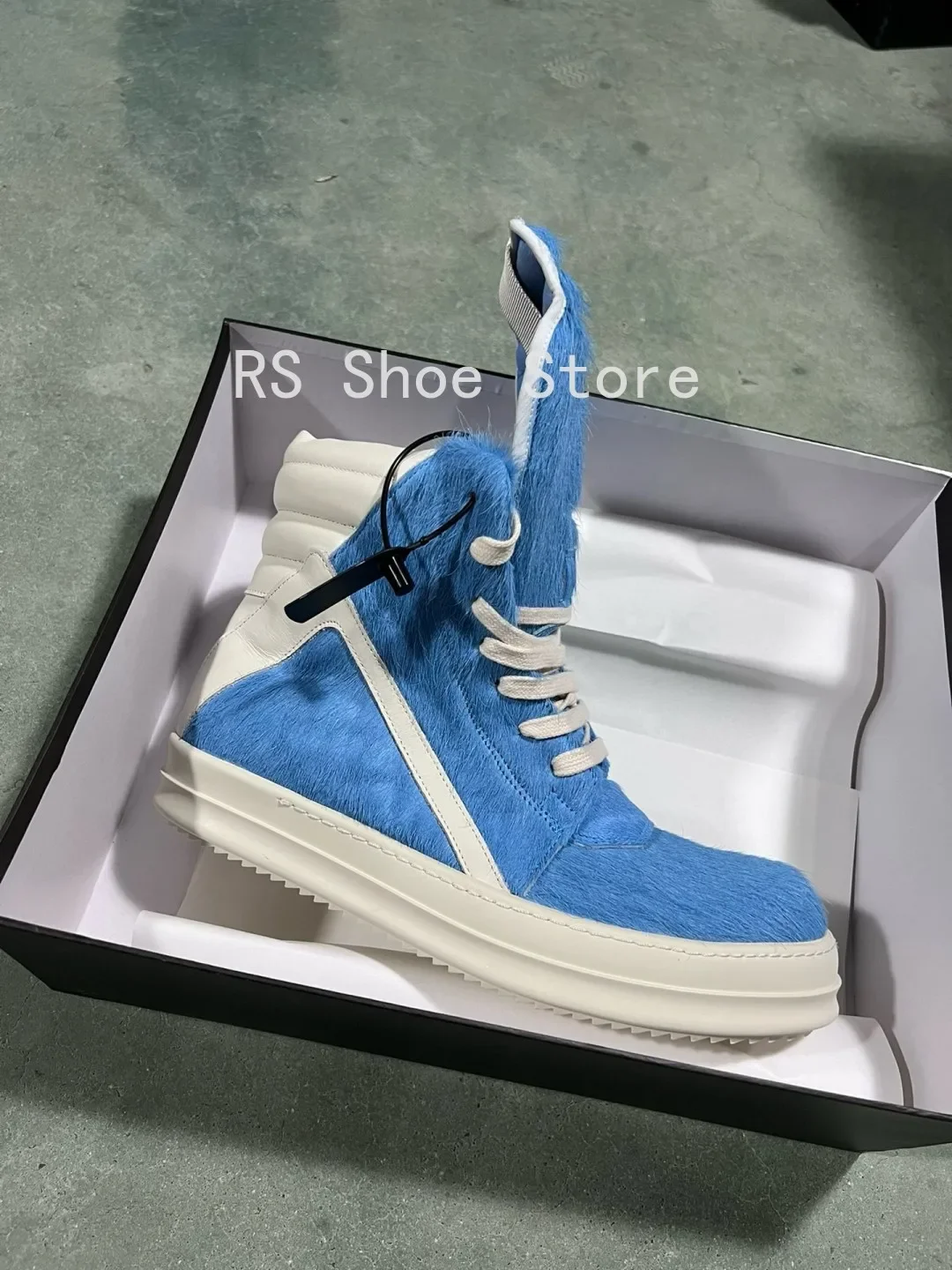 

Ro Luxury Men Ankle Boot Blue Horsehair Boots Women Sneaker Horse Hair High Top Shoe Casual Shoes Zipper Sneakers