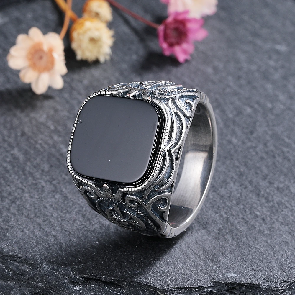 925 Sterling Silver Jewelry Ring Natural 12*14mm Rectangle Big Black Agate Stone Vintage Ring For Women Party Gifts