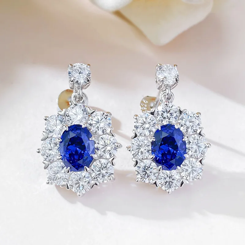 Live New S925 Silver 6 * 8 Oval Tanzanian Blue Earrings Women's Fashion Colorful Treasure Earrings