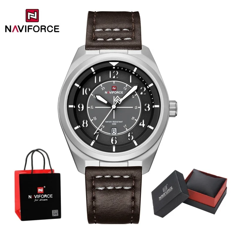 NAVIFORCE Quartz Men's Watch 3ATM Waterproof Hollow Digital Dial Calendar Leather Strap Business Watch Gift Box Package Gifts