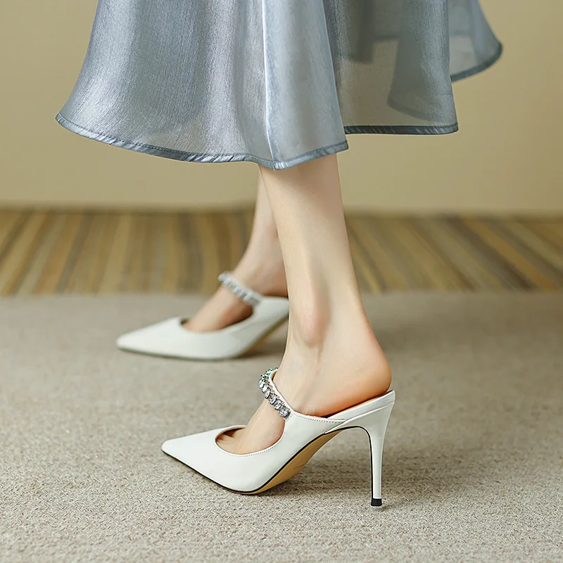 2023 New Women's High Heel Shoes Fairy Half Slippers Pointed Thin Heel Shoes Fashion Women's Shoes Water Diamond Baotou Sandals