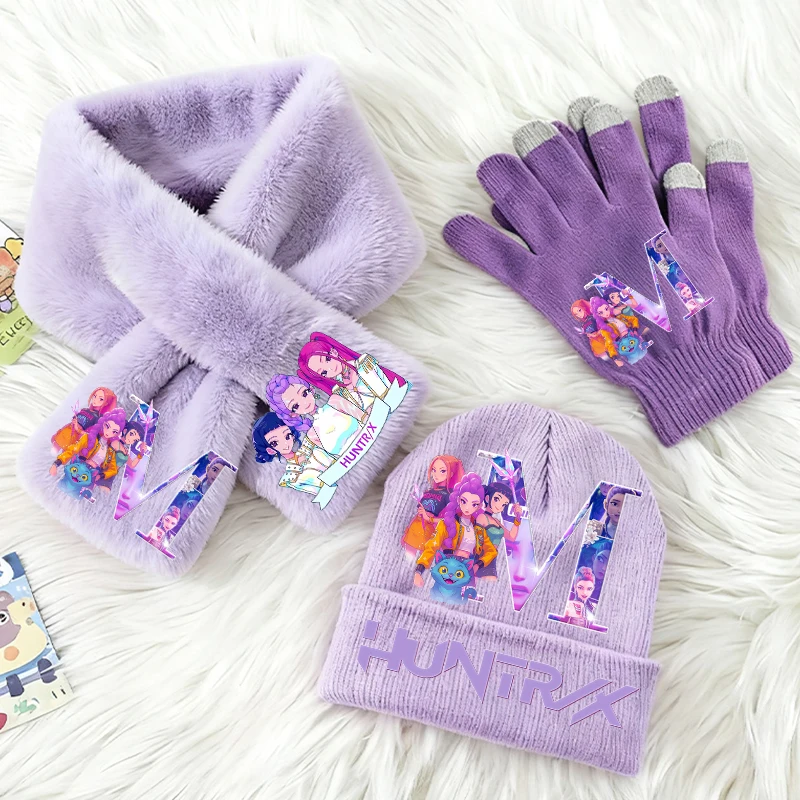 3 pièces K Pop Demon Hunters enfants tricoté chapeau gants écharpe ensemble mignon filles hiver accessoires tricot casquette écharpes cadeaux de noël