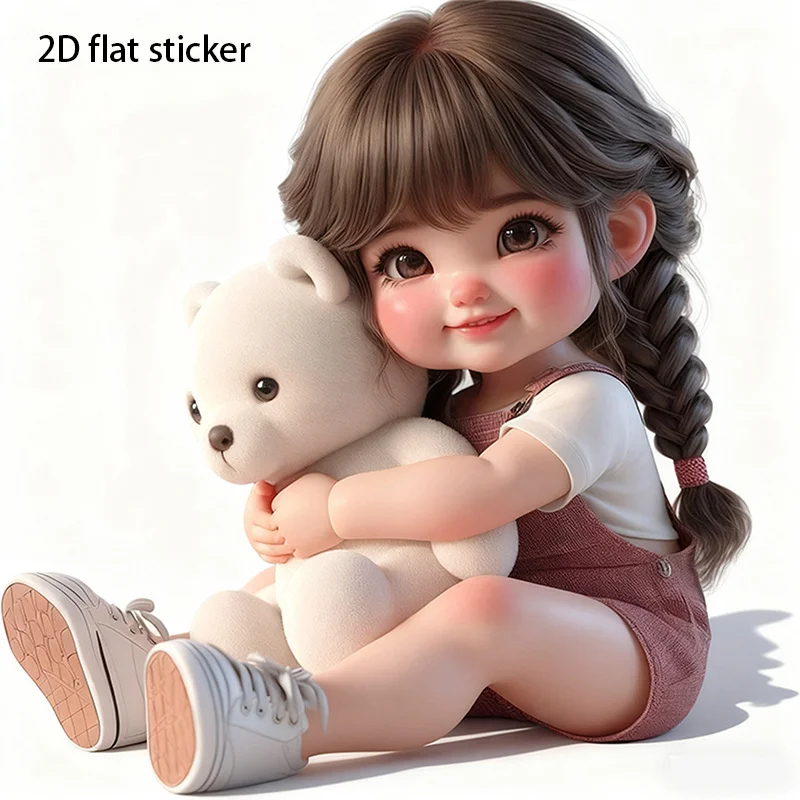 Autocollant en vinyle mignon de fille tressée qui embrasse un ours en peluche blanc, 1 pièce, pour voiture, moto, casque, bouteille d'eau, ordinateur portable, téléphone, décoration murale, tasse