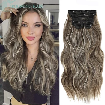 Extensões de cabelo sintético longo, clipe ondulado em extensões de cabelo 6 tamanhos, peça sintética ombre loira marrom grosso