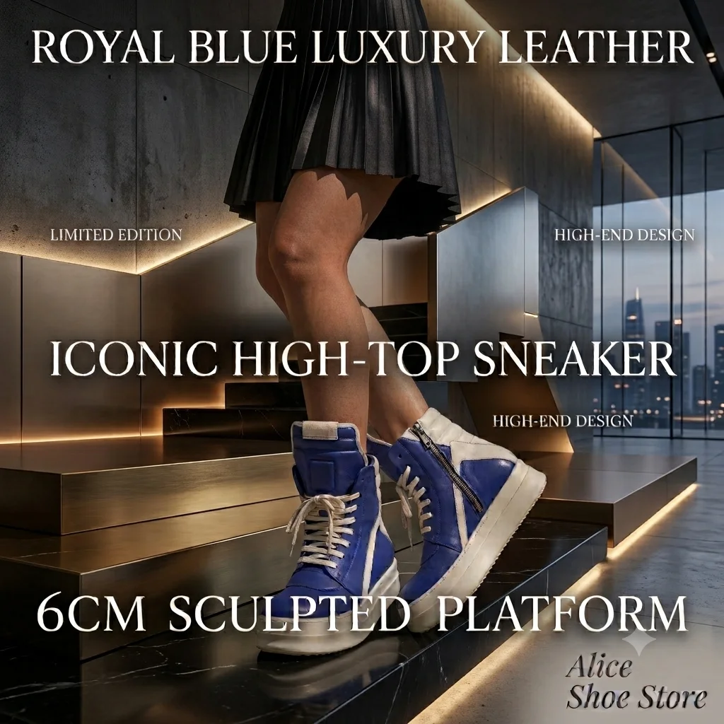 Royal Designer Women's Ankle Boot 6cm High Platform Casual Luxury Men's Shoe Blue Geobasket Leather Zip Flat Street Style