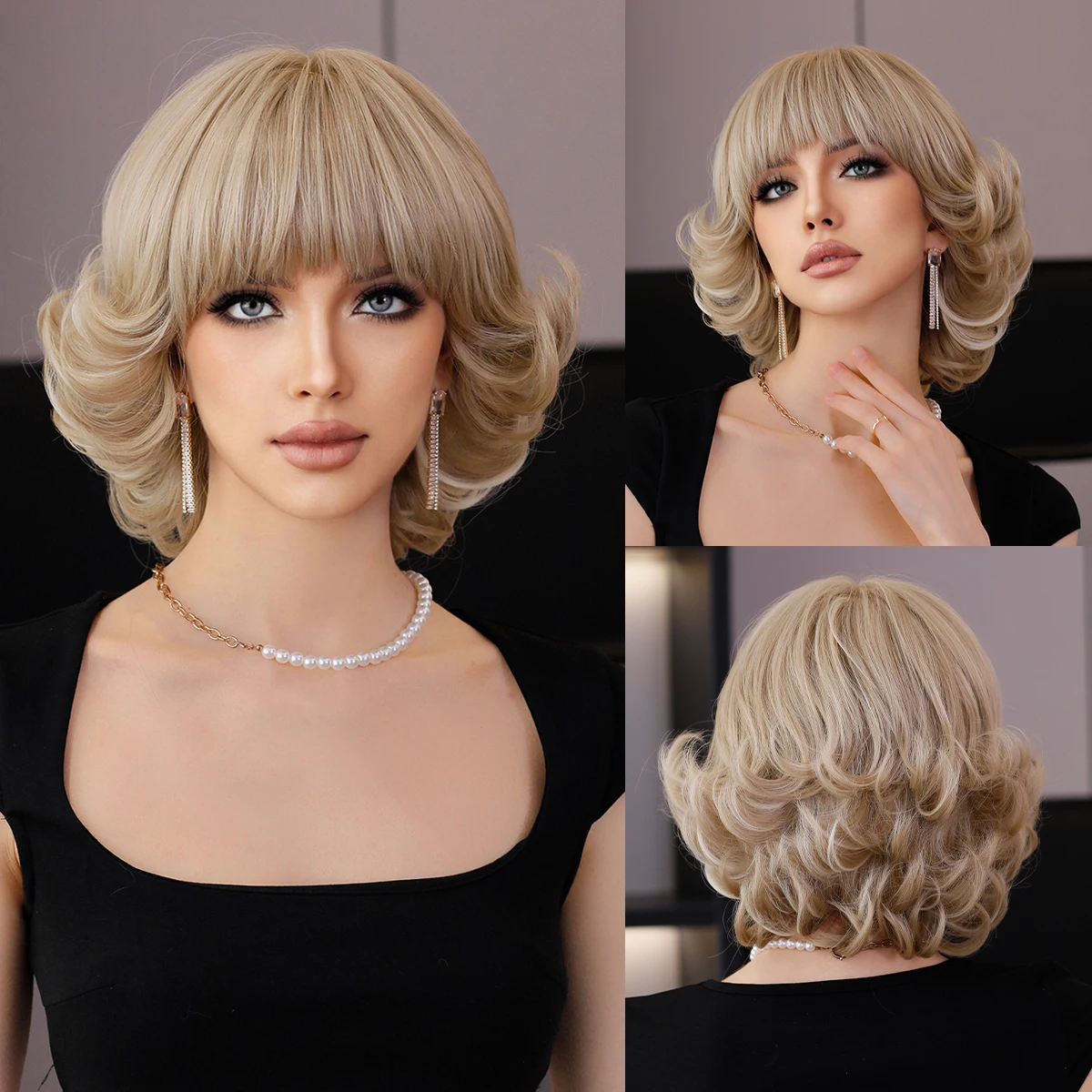 NAMM krótkie srebrzyste blond Retro Bob peruka z grzywką dla kobiet codzienna impreza syntetyczne proste jasny blond peruki odporne na ciepło