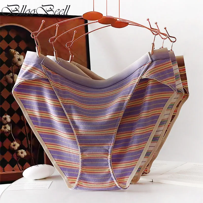 

3 pcs Plus Size Women's Underwear Sexy Low Rise Cotton Panties Sports Style Briefs Retro Striped Ladies Triangle Pants Lingerie