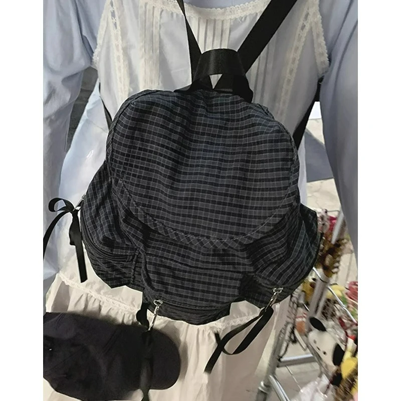 

Checkered Canvas Bag for Women 2025 New Fashion Bow Backpack Cute Large Capacity Backpacks Mountaineering Bags