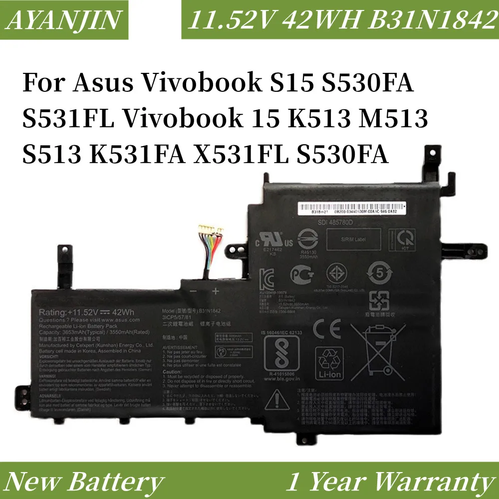 Imagem -01 - Bateria para Asus Vivobook S15 S530fa S531fl Vivobook 15 K513 M513 S513 K531fa X531fl B31n1842 11.52v 42wh bateria para asus vivobook s15 s530fa s531fl vivobook 15 k513 m513 s513 k531fa x531fl b31n1842 1152v 42wh 01
