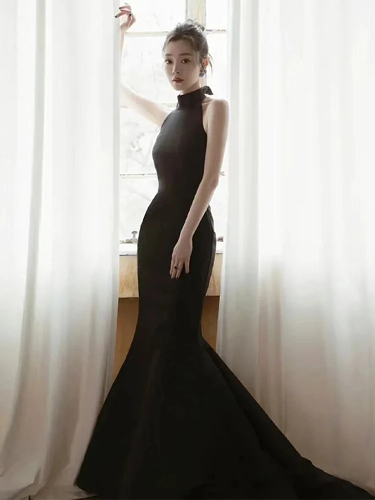 

Ele Bla Satin Fi Tail Evening Gown for Adults Bal Birthday Dr Luxury mat Ne Hanging Dr