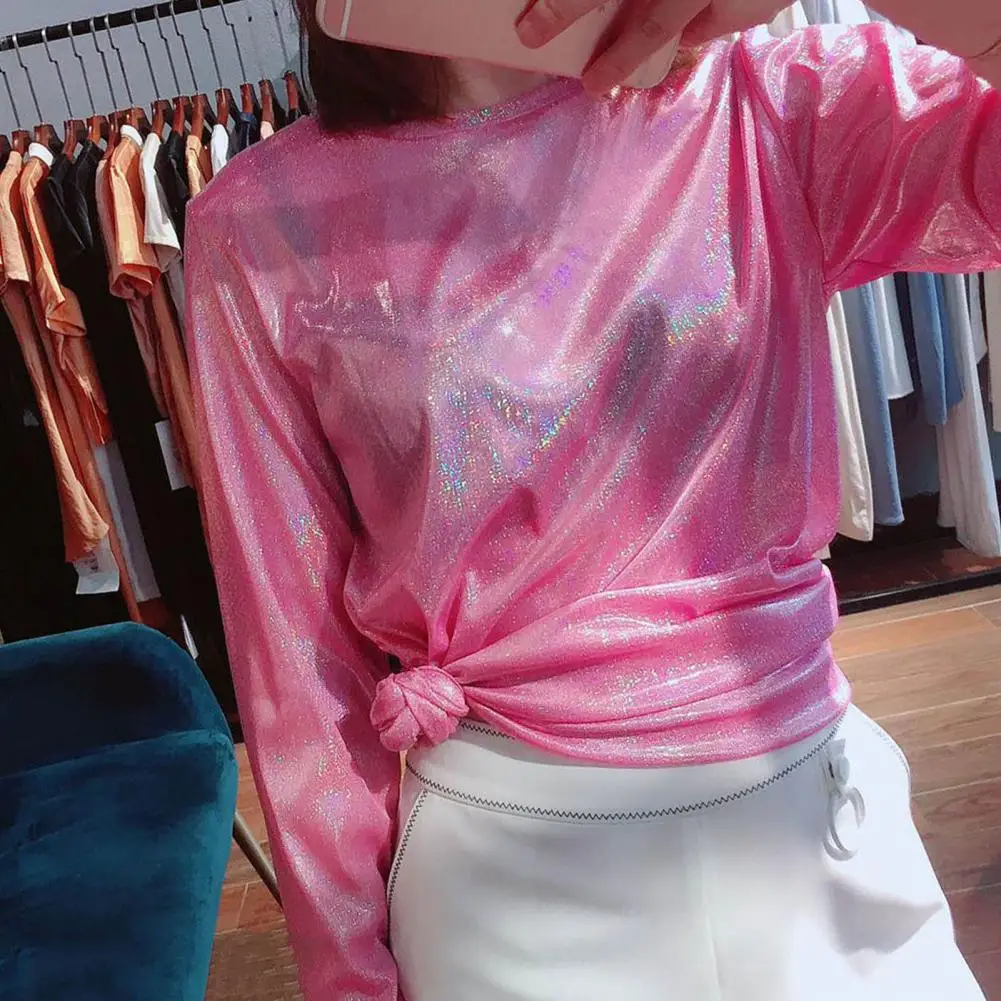 Femmes paillettes T-shirt coupe ample à manches longues scintillant réfléchissant T-shirt brillant embelli hauts pullover tenue de club dame vêtements
