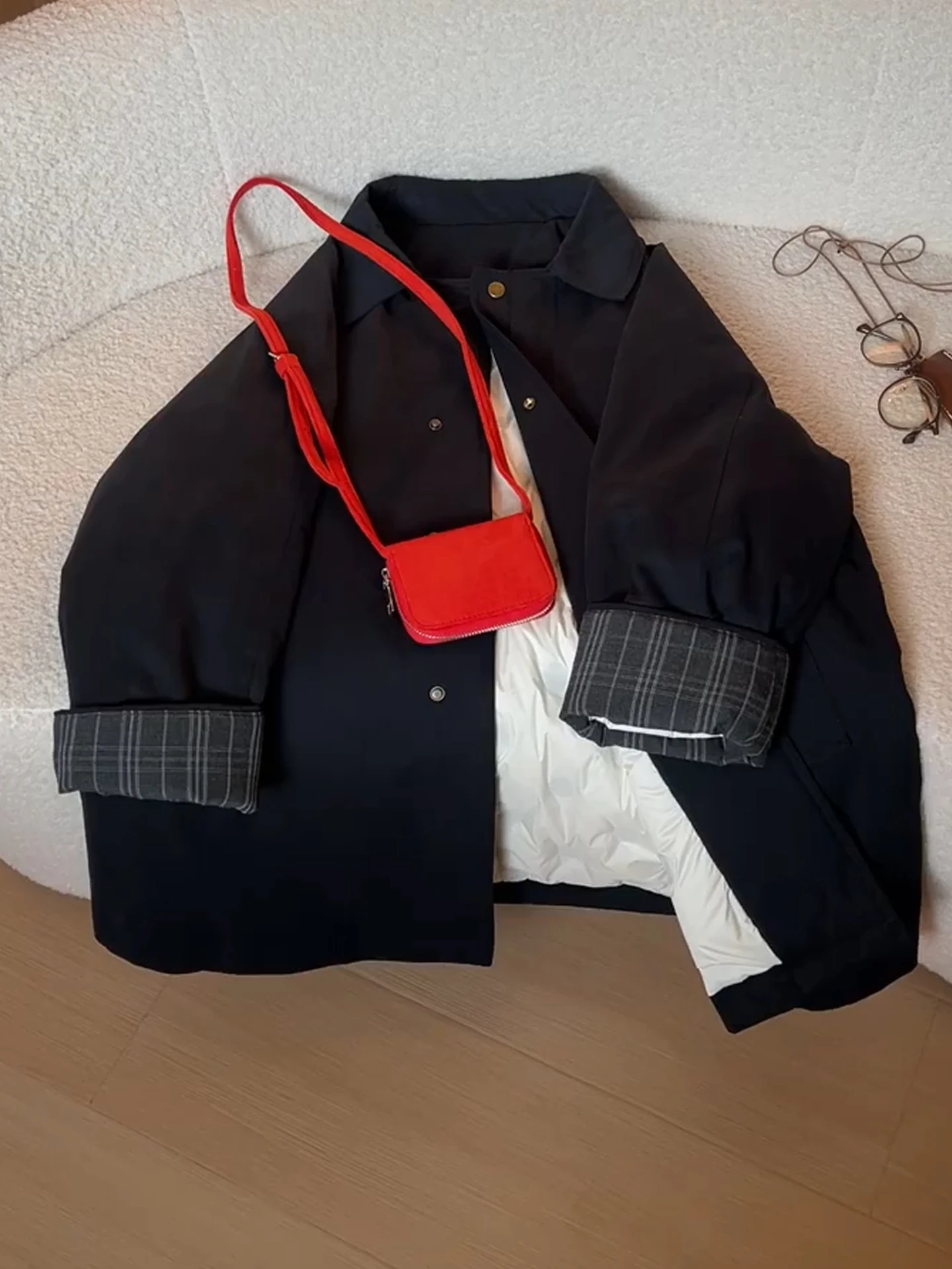 

Ретро-куртка в корейском стиле с клетчатыми вставками и отложным воротником, хлопковая, для женщин, осенне-зимняя, свободного кроя, стройнящая, универсальная, хлопковое пальто