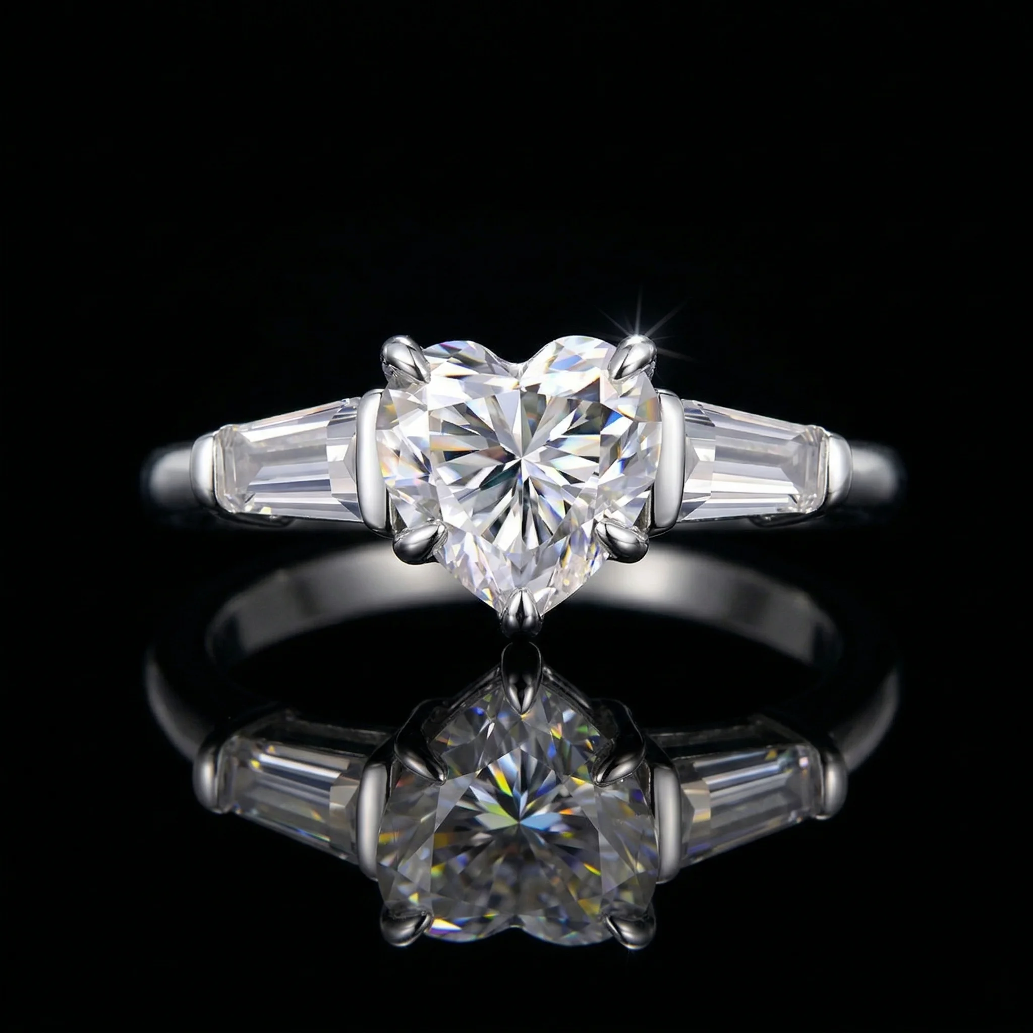 

Heart Moissanite Ring, 925 Silver, D Color VVS1, 1ct Baguette Side Stones, Couple Ring, Light Luxury Engagement, w/ Cert