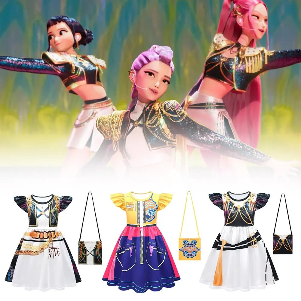 K-POP 悪魔ハンターコスプレ衣装子供のためのパフスリーブルミーゾーイミラドレスハロウィンアニメハンター分隊衣装