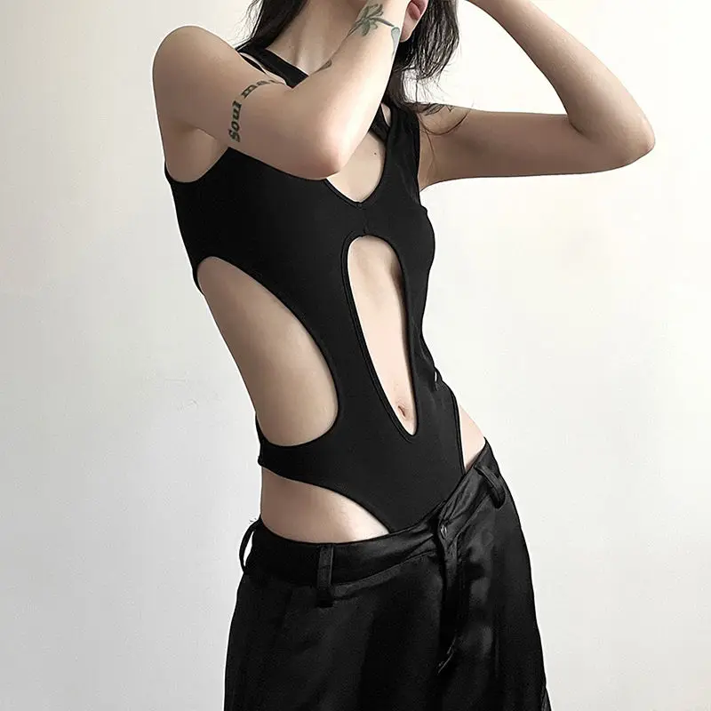 Women's Summer Bodysuit Solid Sexy Cutout Mesh Slim Fit One Piece Jumpsuit