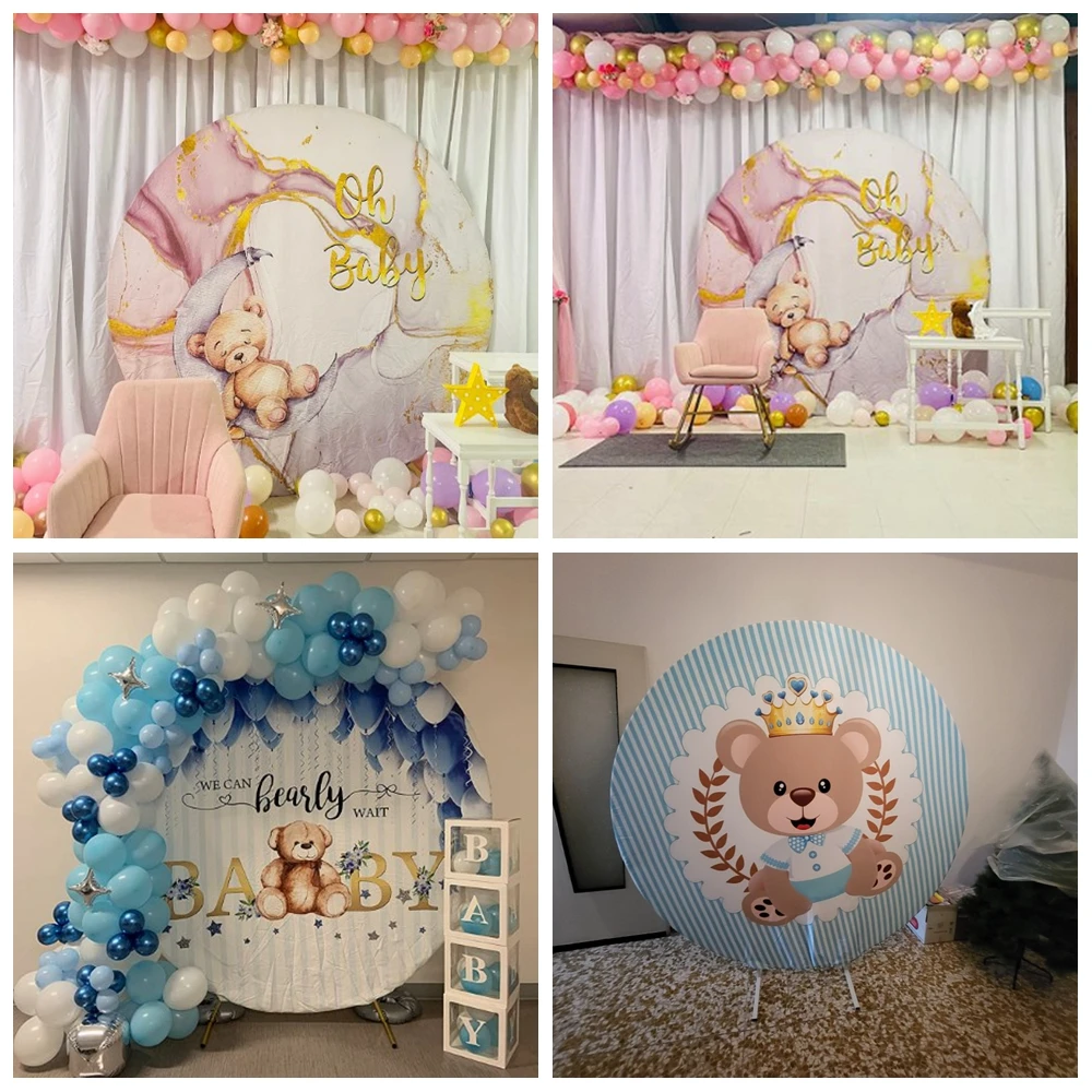 Teddy Bear Birthday Party Round Backdrops For Photography Cloud Star Balloon Baby Shower Customized Photo Circle Backgrounds